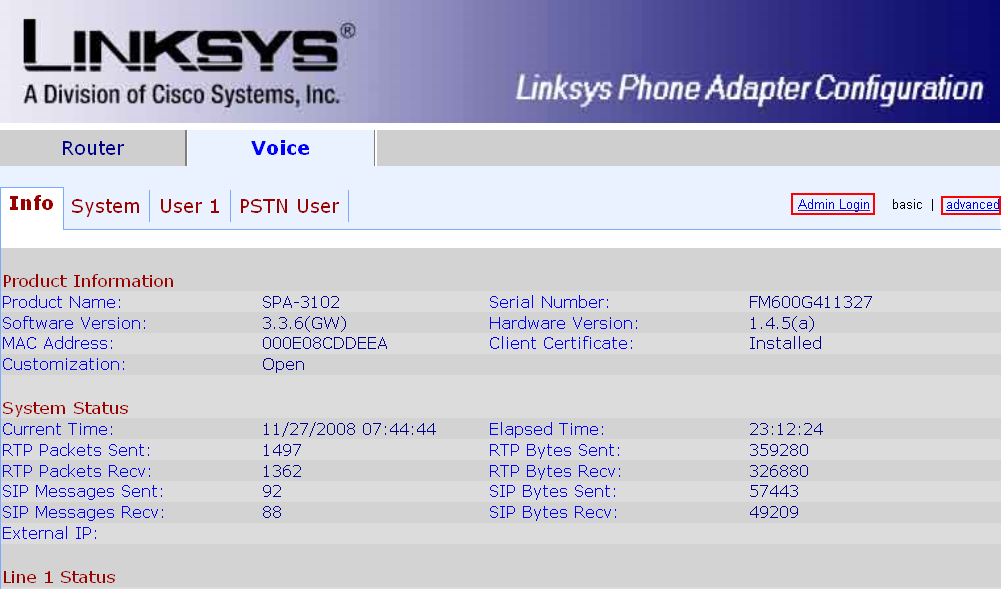 Linksys SPA 3102 VOIP Advanced Admin Login  settings page