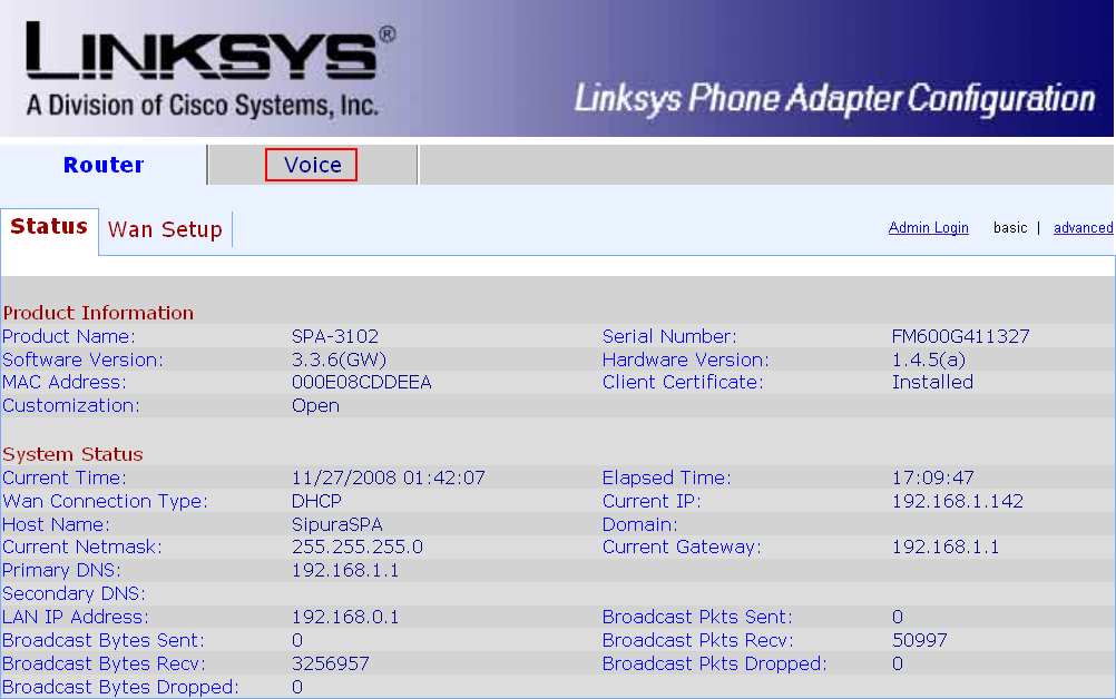 Linksys SPA 3102 VOIP settings page