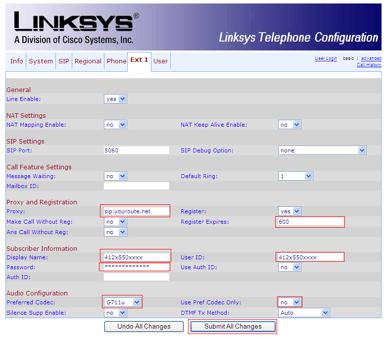 Linksys SPA 3000 line settings page