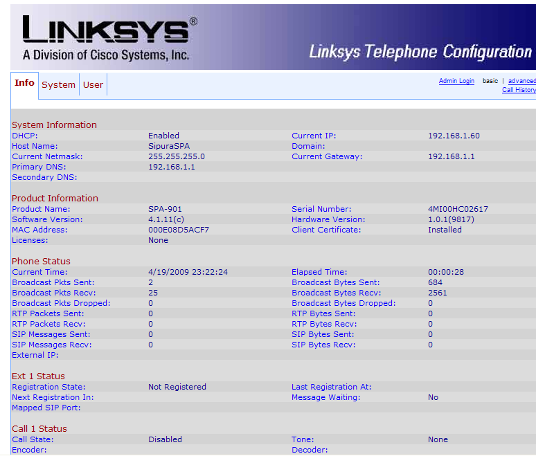 Linksys SPA 901 info settings page